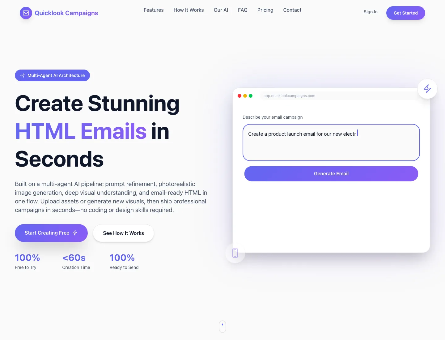 Quicklook Campaigns homepage: email brief field and Generate Email control.