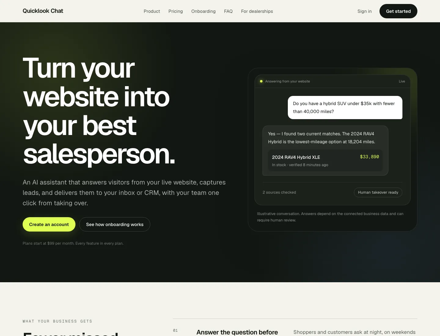 Quicklook Chat homepage: headline, an illustrative chat that answers an inventory question from the live website, and the Create an account control.