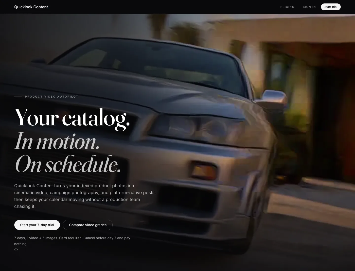 Quicklook Content homepage: product catalog headline over campaign photography.