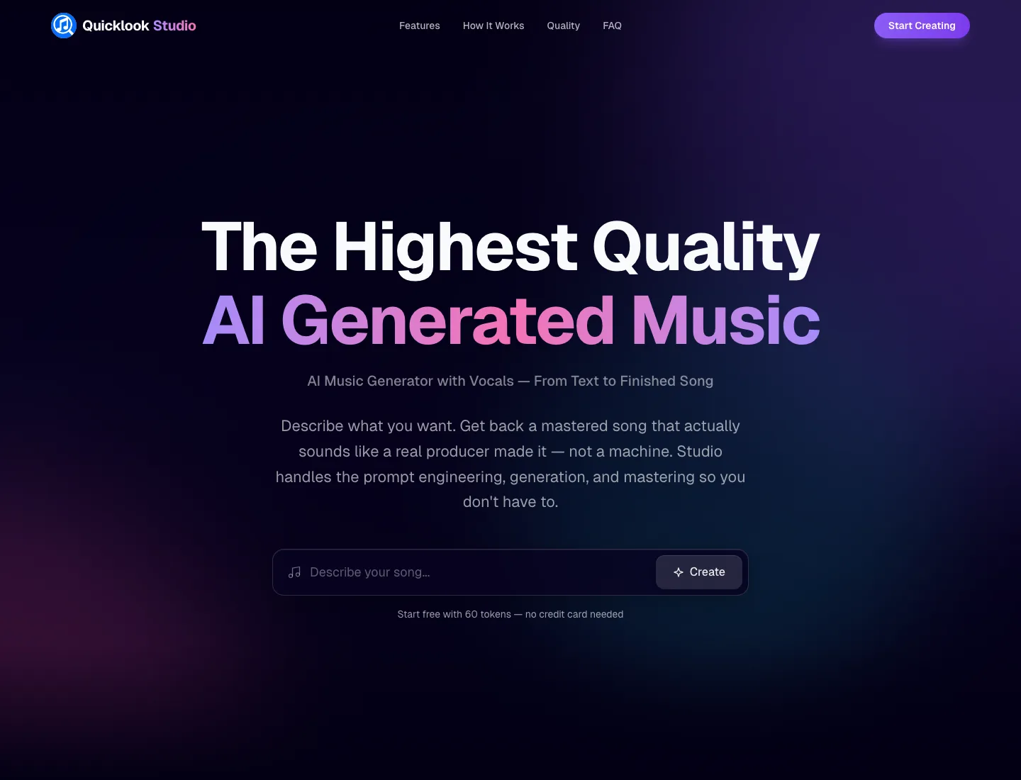 Quicklook Studio homepage: headline, song prompt field, and Create control.